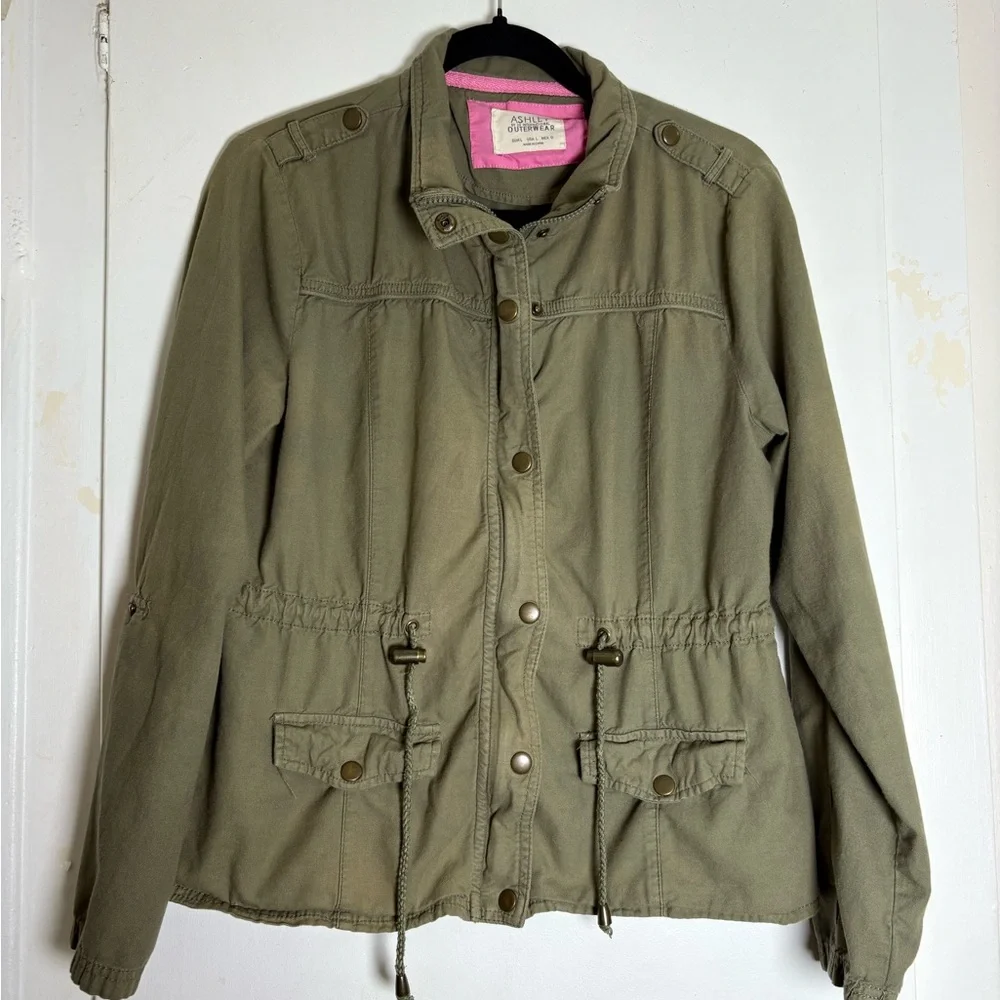 Classic Y2K Olive Utility Jacket with Adjustable Waist -Juniors Large/Womens Med - Picture 2 of 16